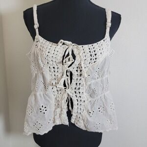 American Flirt White Cotton‎ Eyelet Crochet Boho Camisole Top Large NWT Festival